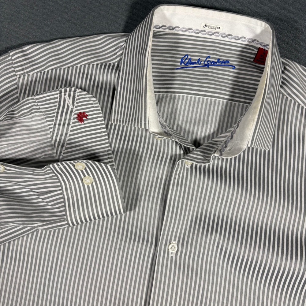 Robert Graham Mens M (16) 100% Cotton Dress Shirt Striped Embroidered Logos Grey